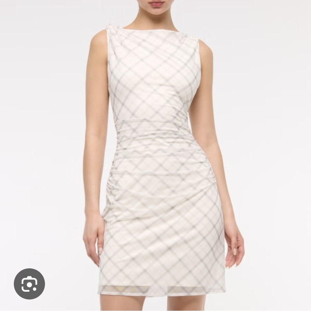 Abercrombie & Fitch XS Mesh Overlay Ruched Mini‎ Dress Plaid Sheer Layered NWT